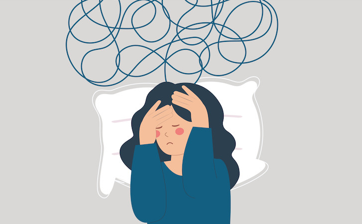 Illustration of person lying in bed with anxious thoughts